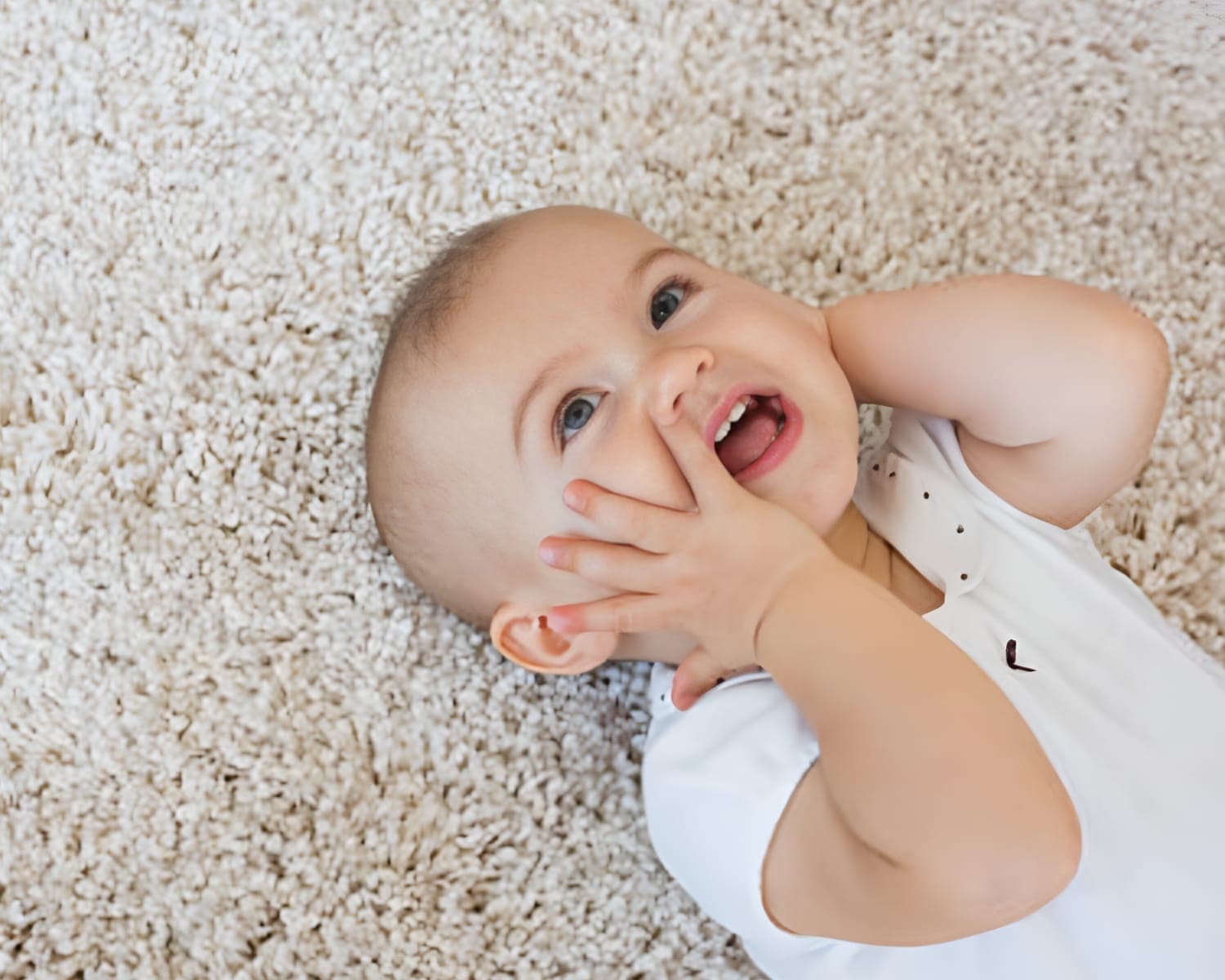 Child and puppy on freshly cleaned carpet
